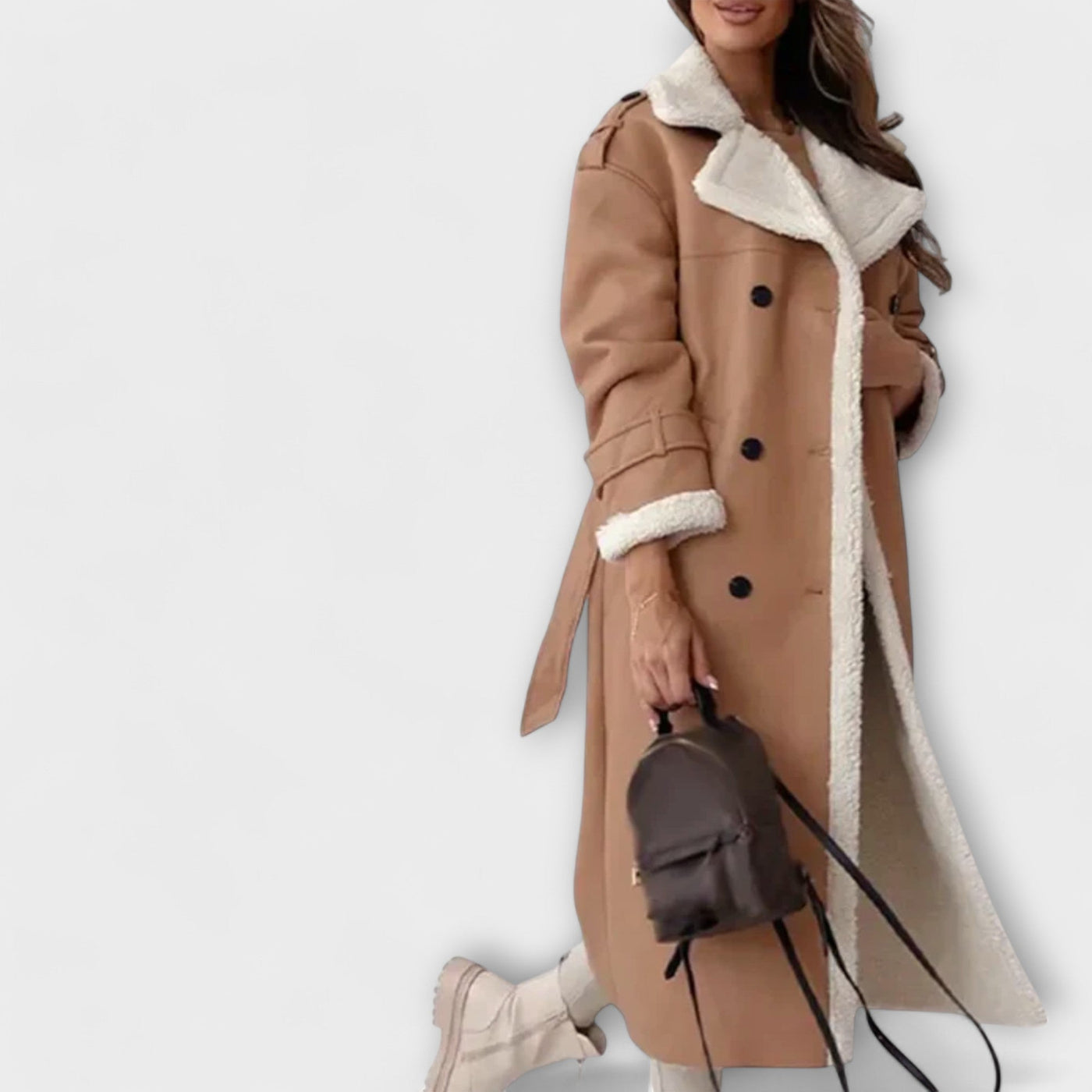 Maria | Long Classic Coat with Fleece Lining and Teddy Collar